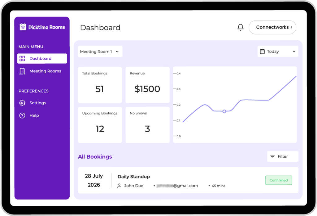 Picktime meeting room app dashboard